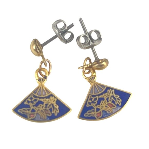 Gold & Blue Fan-Shaped Dangle Earrings With Floral Enamel Design - Picture 1 of 7